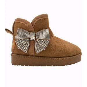 bebe Girls Brown Bootie Rhinestone Bow Zipper Lined Flat Heel Round Toe Ankle